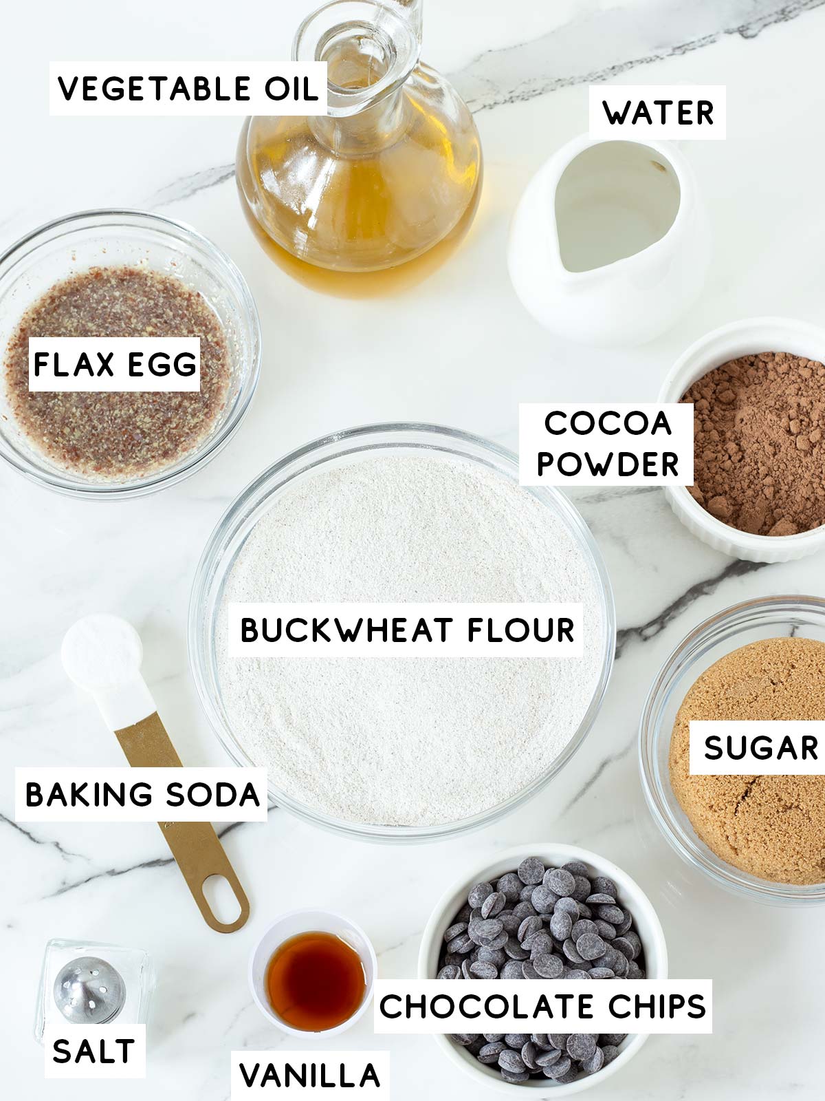 Ingredients for vegan buckwheat flour cookies with chocolate chips.