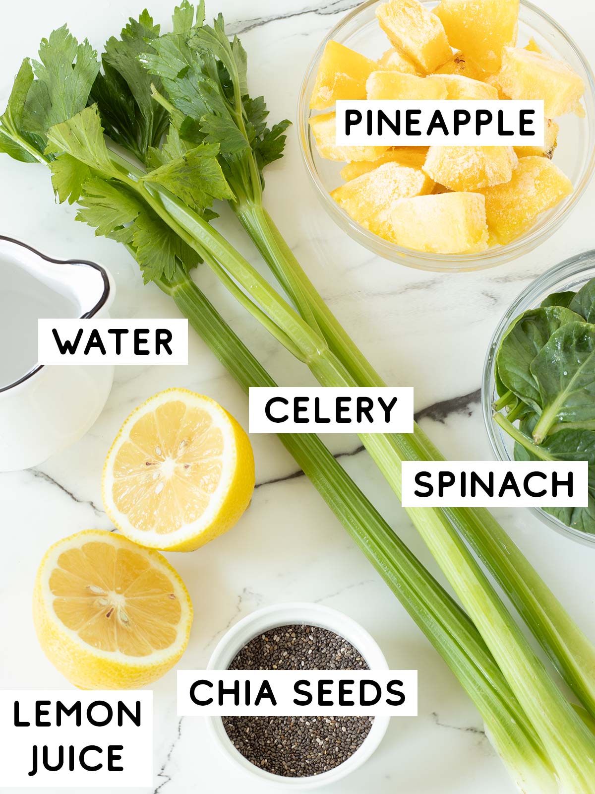 Ingredients for pineapple celery spinach smoothie.