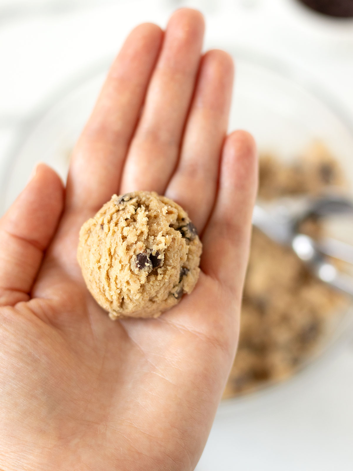 Raw chocolate chip cookie dough protein ball.