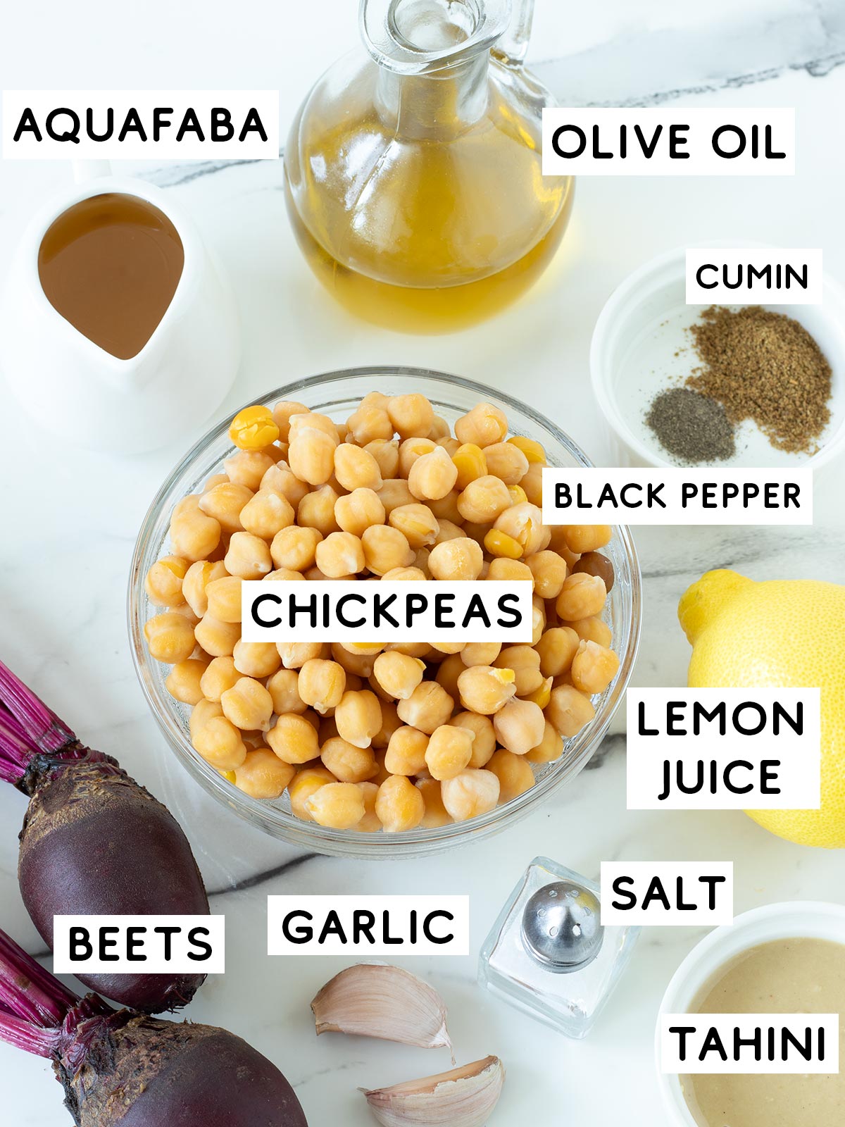 Ingredients for roasted beet hummus.
