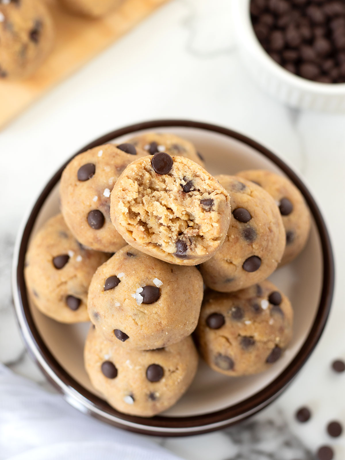 No-bake chocolate chip cookie dough protein bites.