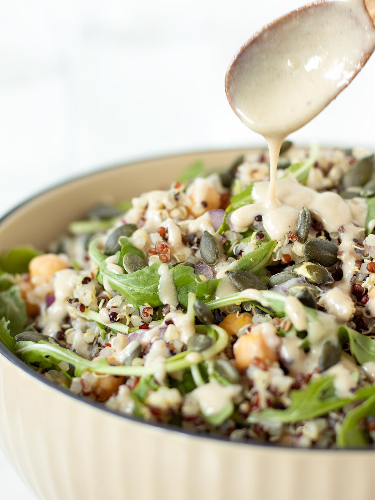 High-protein chickpea arugula and quinoa salad.