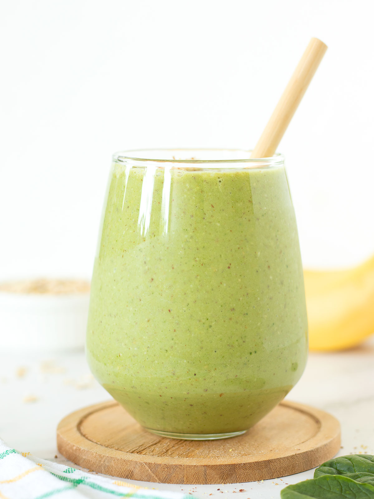 Green oatmeal smoothie for breakfast.