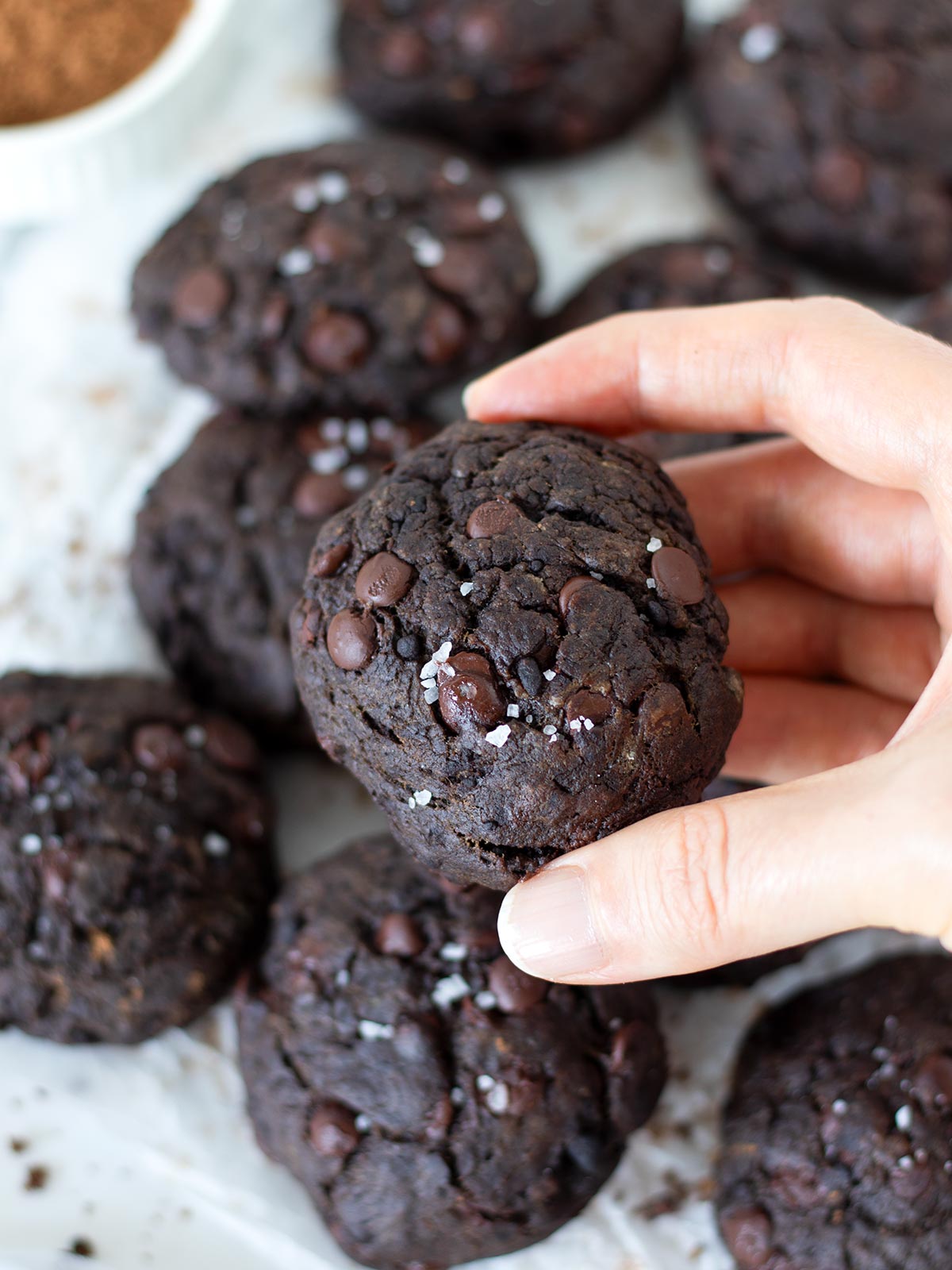 Vegan carob cookies with chocolate chips.