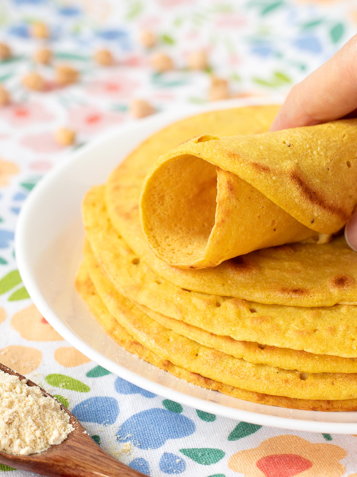 Vegan and gluten-free chickpea flour tortillas.