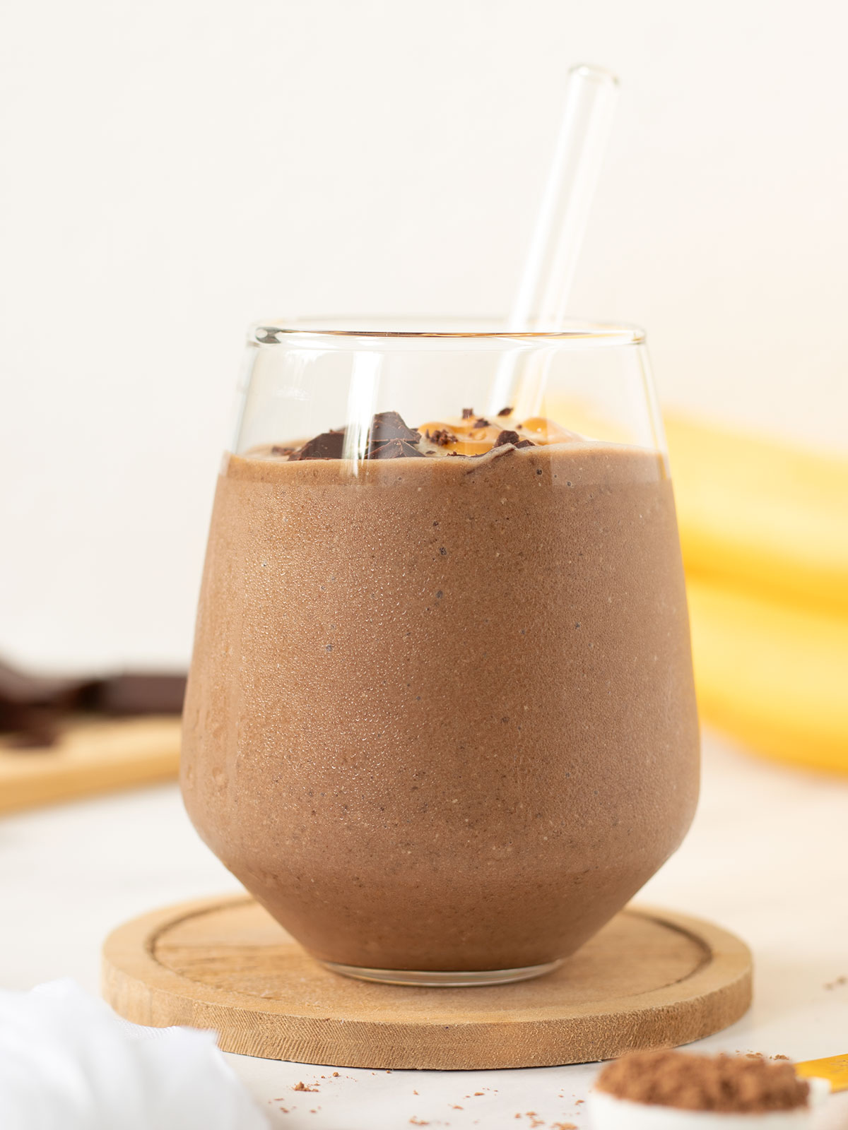 Chocolate banana protein smoothie for breakfast.