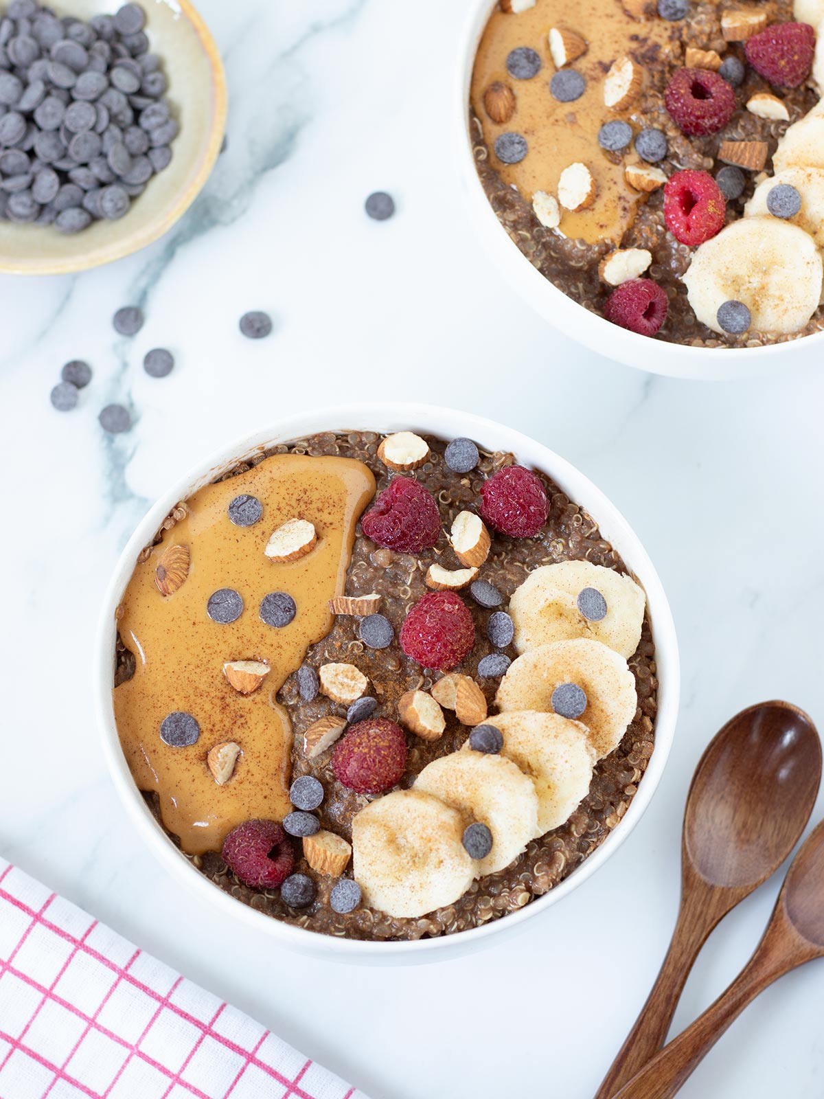 Vegan and high-protein chocolate quinoa breakfast porridge.