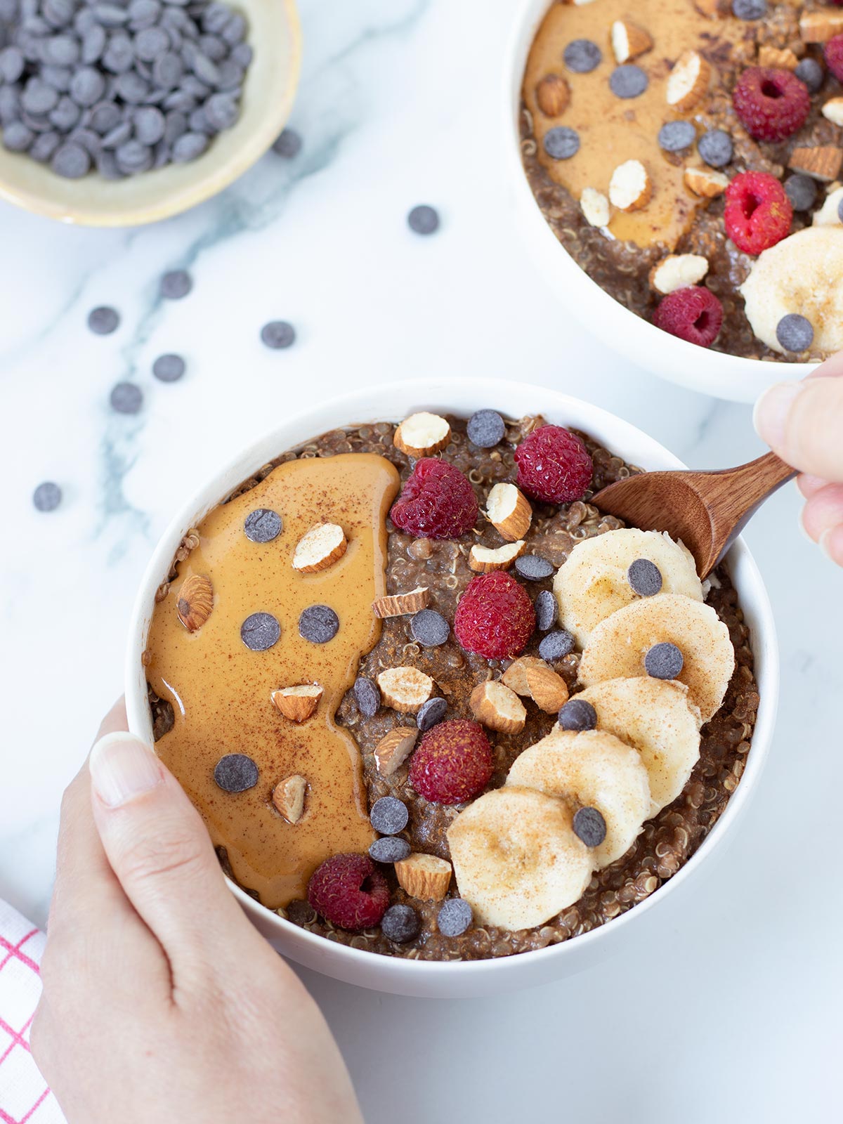 Vegan chocolate quinoa porridge for breakfast.