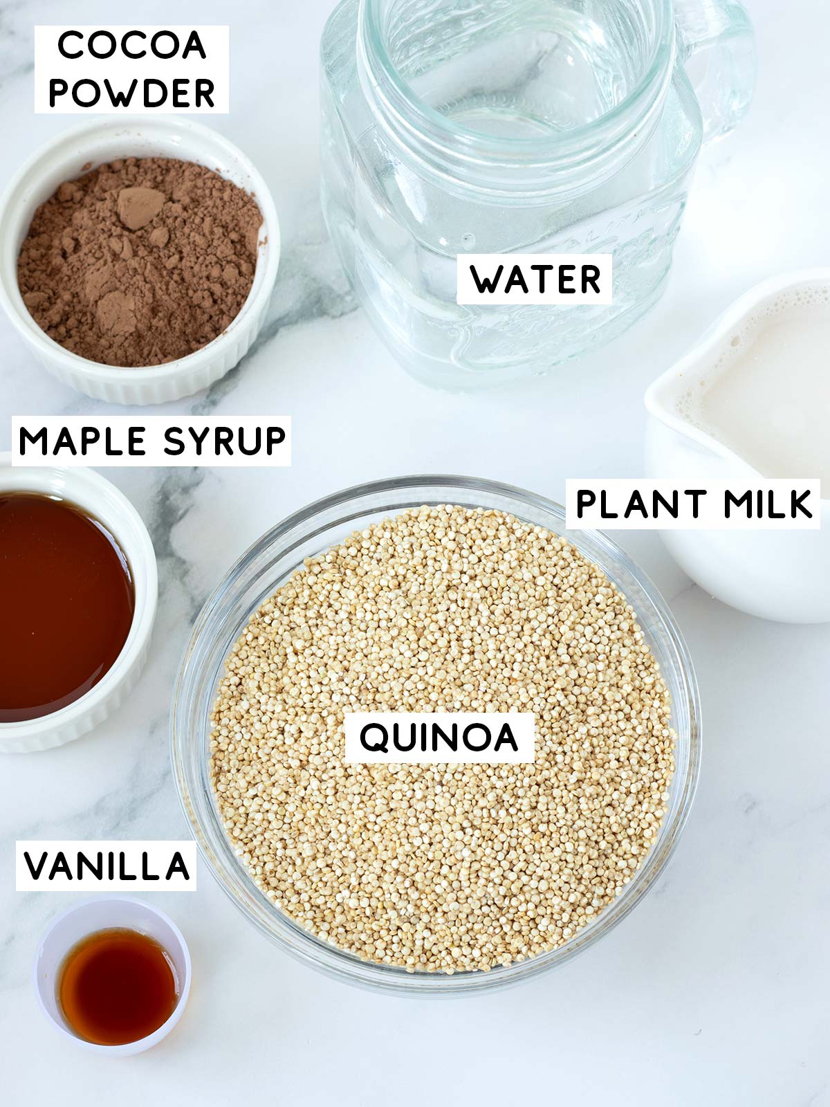 Ingredients for high protein chocolate quinoa porridge.