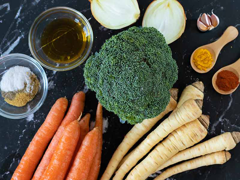 Ingredients for spiced carrot parsnip soup.