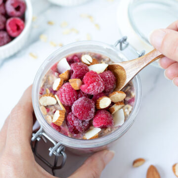 Raspberry overnight oats (no yogurt).