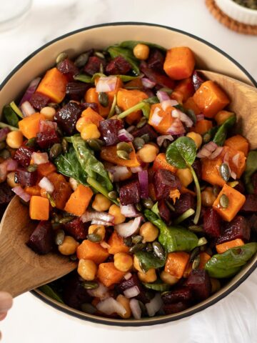 Roasted pumpkin beetroot salad with chickpeas and spinach.