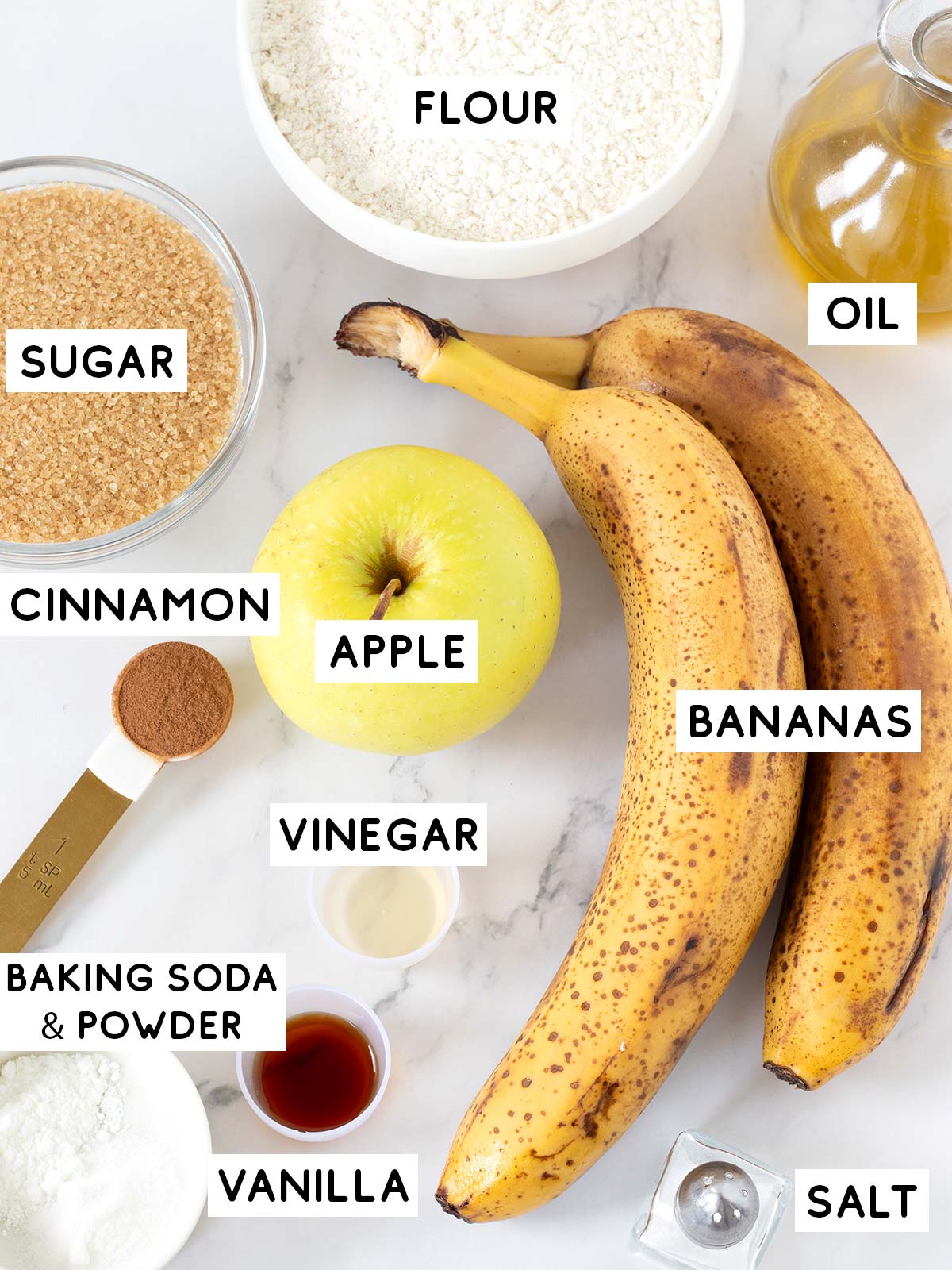 Ingredients for cinnamon banana apple bread.
