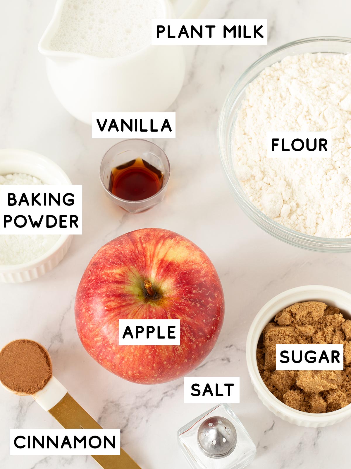 Ingredients for vegan apple cinnamon pancakes.