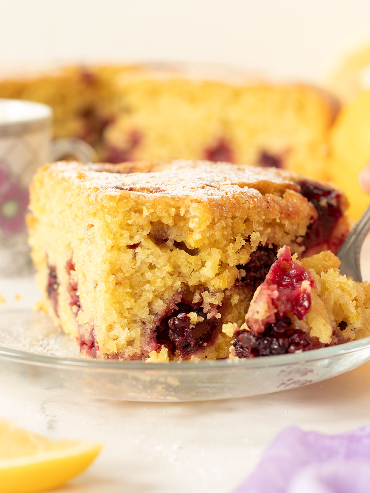 Moist lemon blackberry cake.