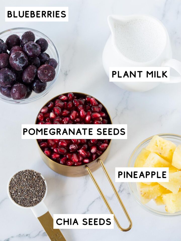 Ingredients for pomegranate blueberry smoothie.