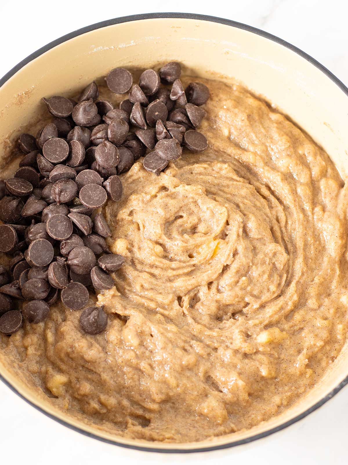 Banana buckwheat muffins batter with chocolate chips.