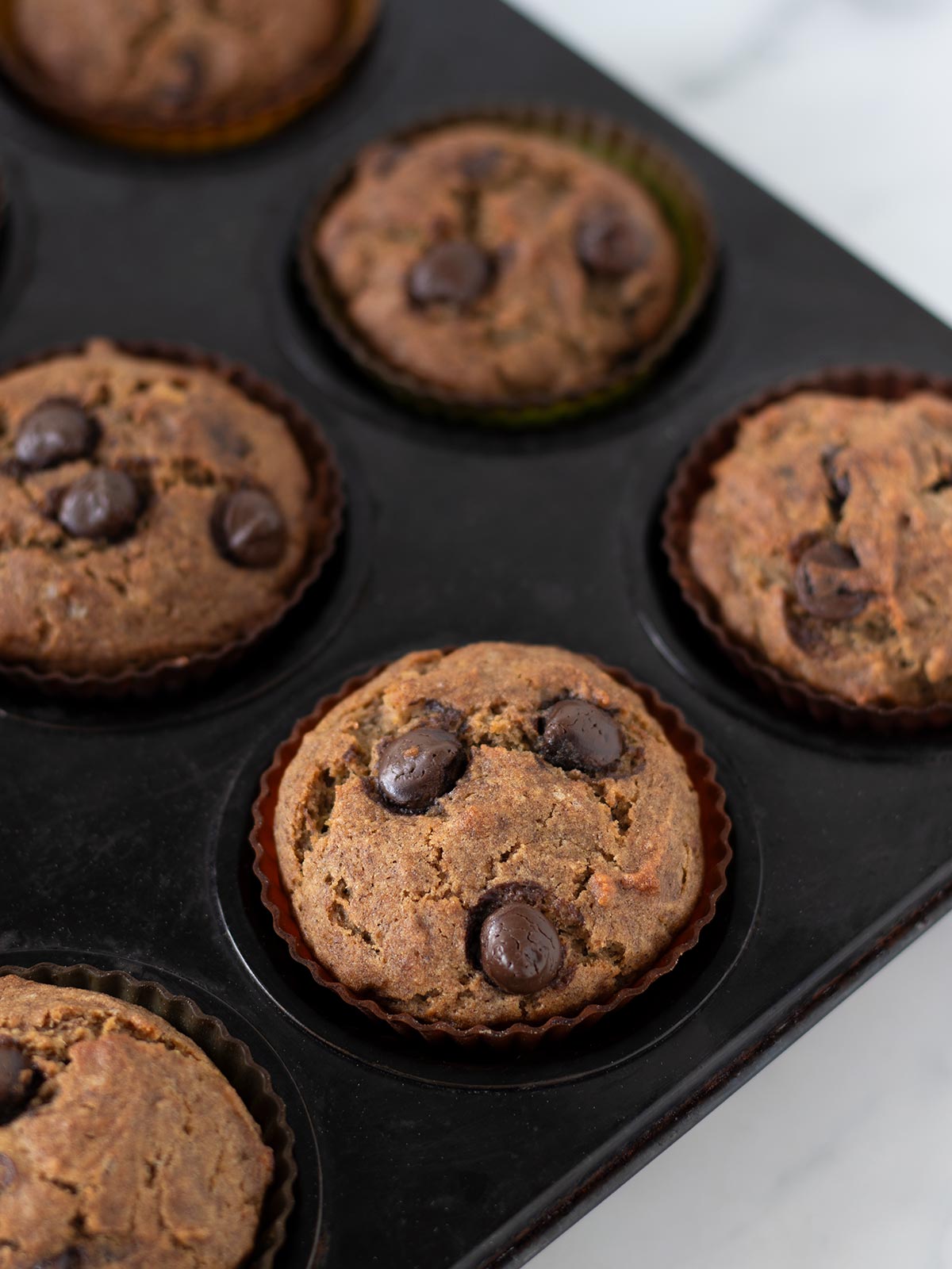 Buckwheat banana muffins with chocolate chips.