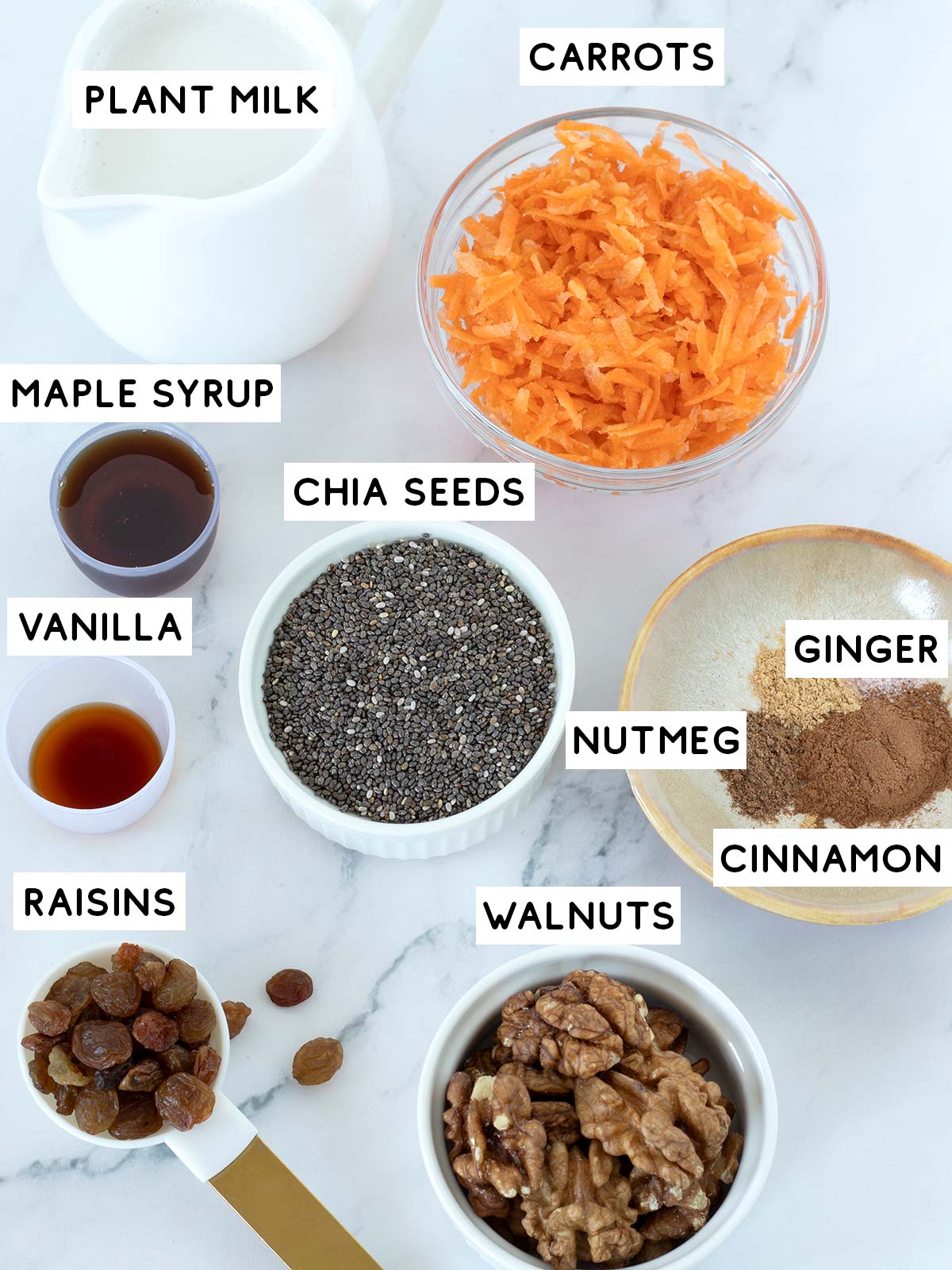 Ingredients for carrot cake chia seed pudding.