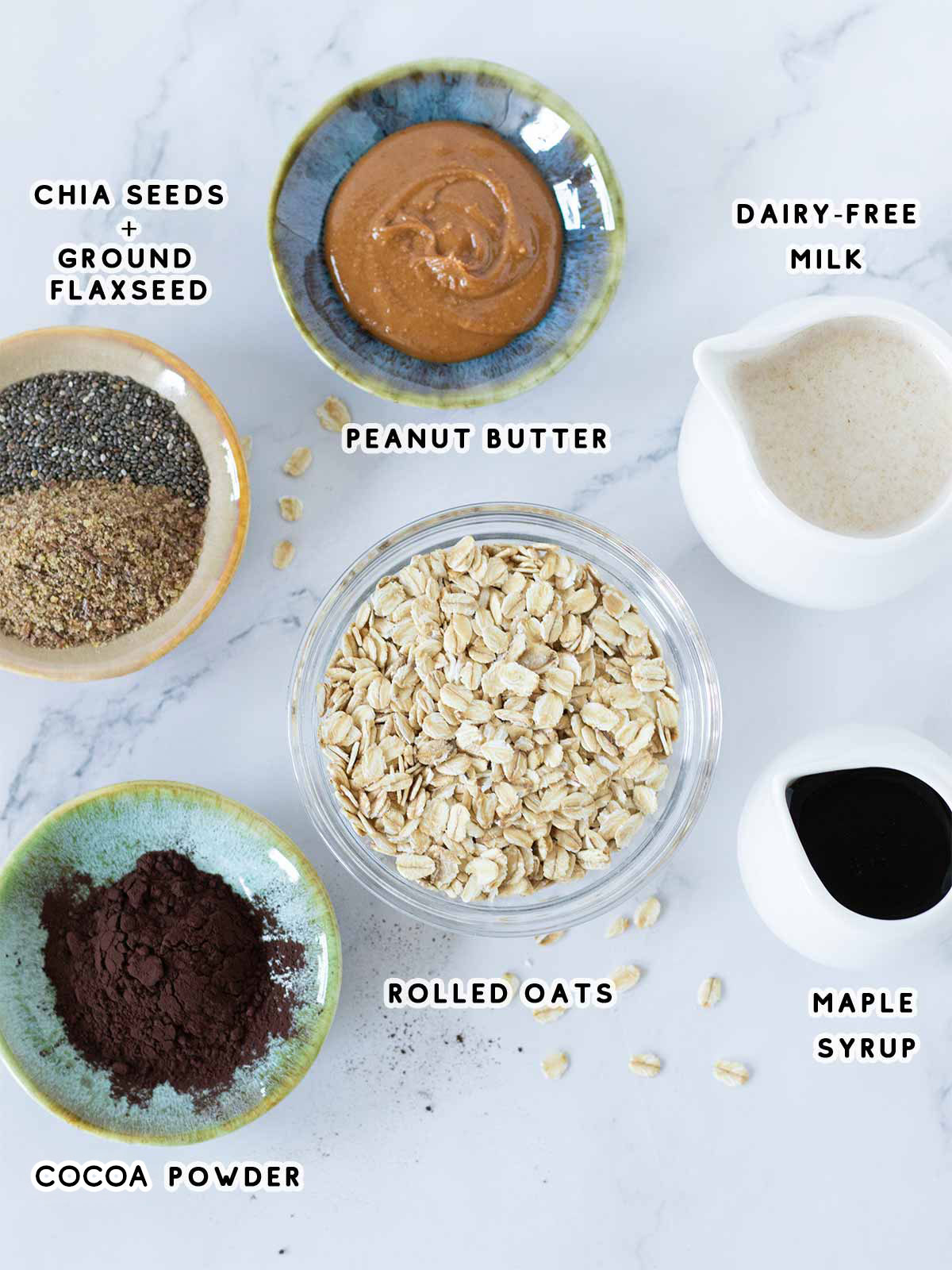 Chocolate peanut butter blended overnight oats ingredients.