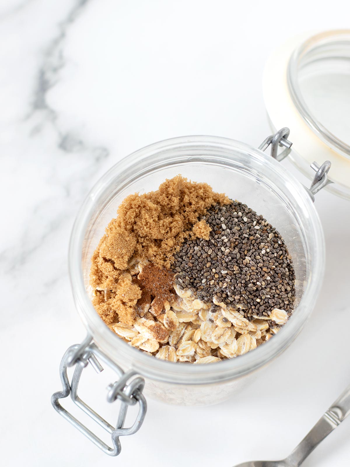 Dry ingredients for maple brown sugar overnight oatmeal.