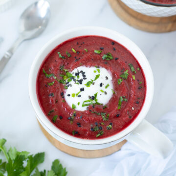 Vegan lentil beetroot carrot soup.