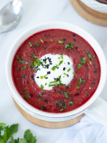 Vegan lentil beetroot carrot soup.