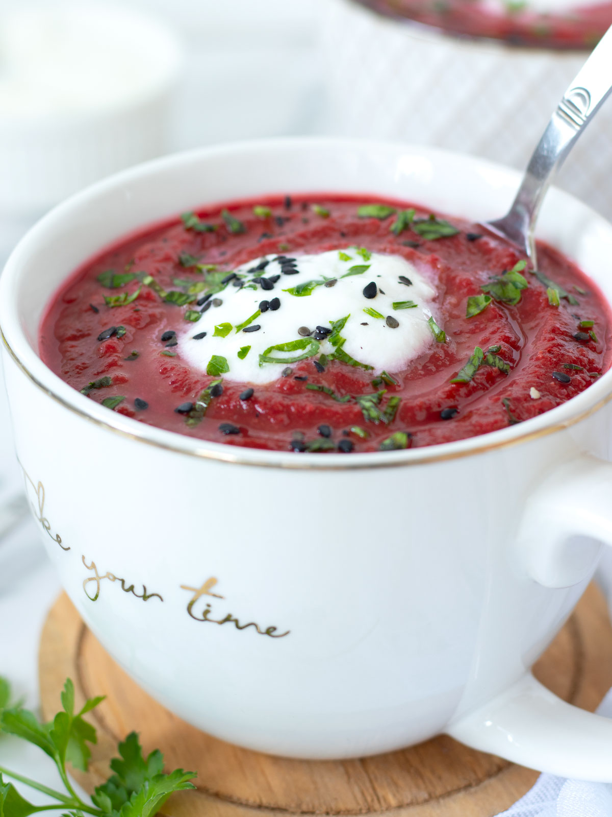 Creamy lentil beetroot carrot soup.