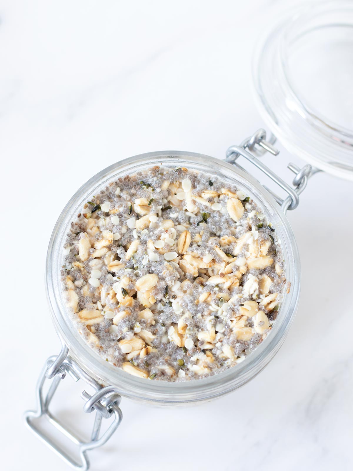Hemp seed overnight oatmeal with chia seeds.