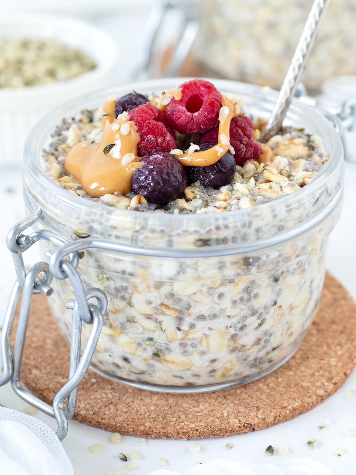 High-protein hemp seed overnight oats with chia.
