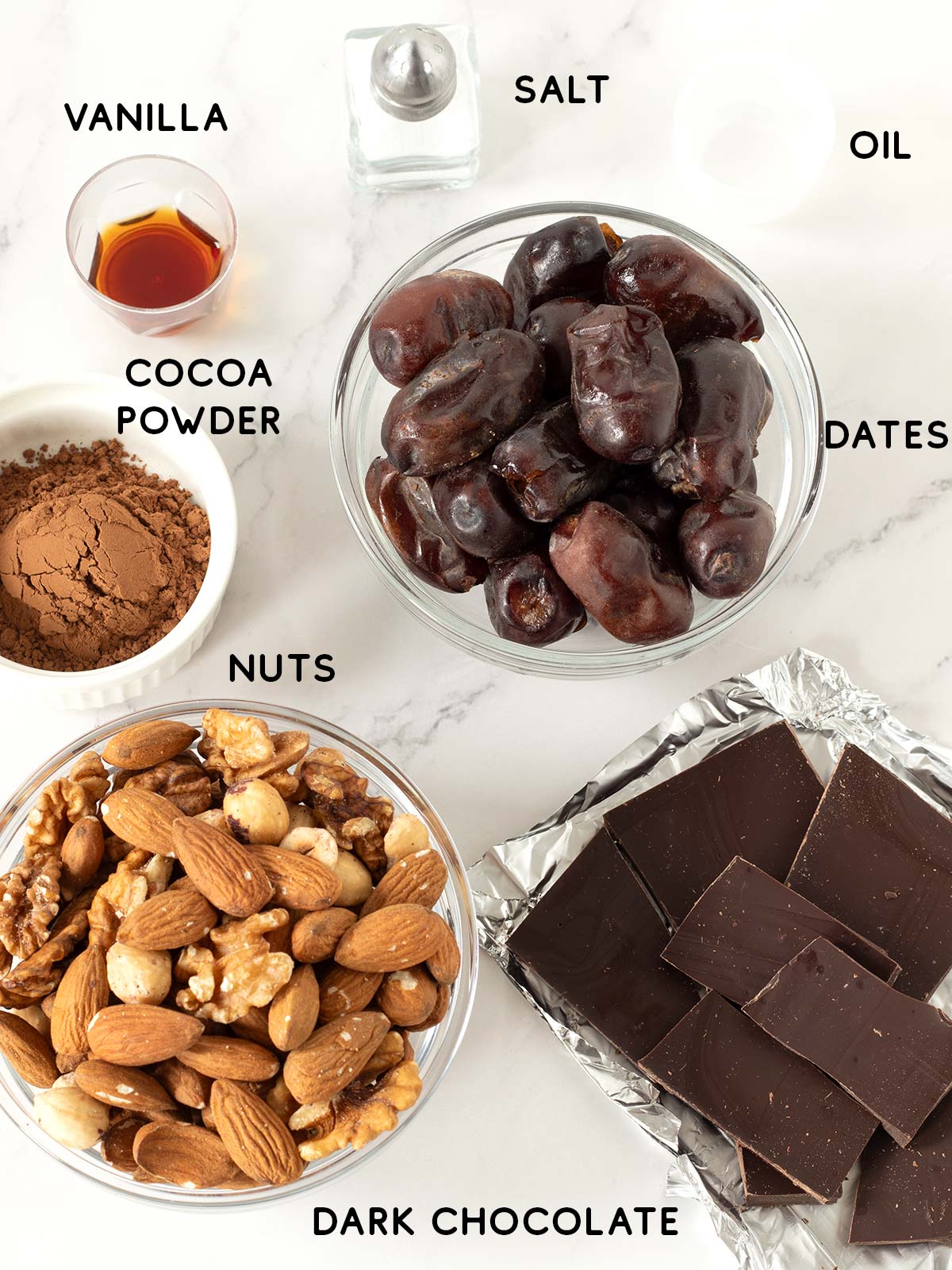 Ingredients for vegan chocolate date nut bars.