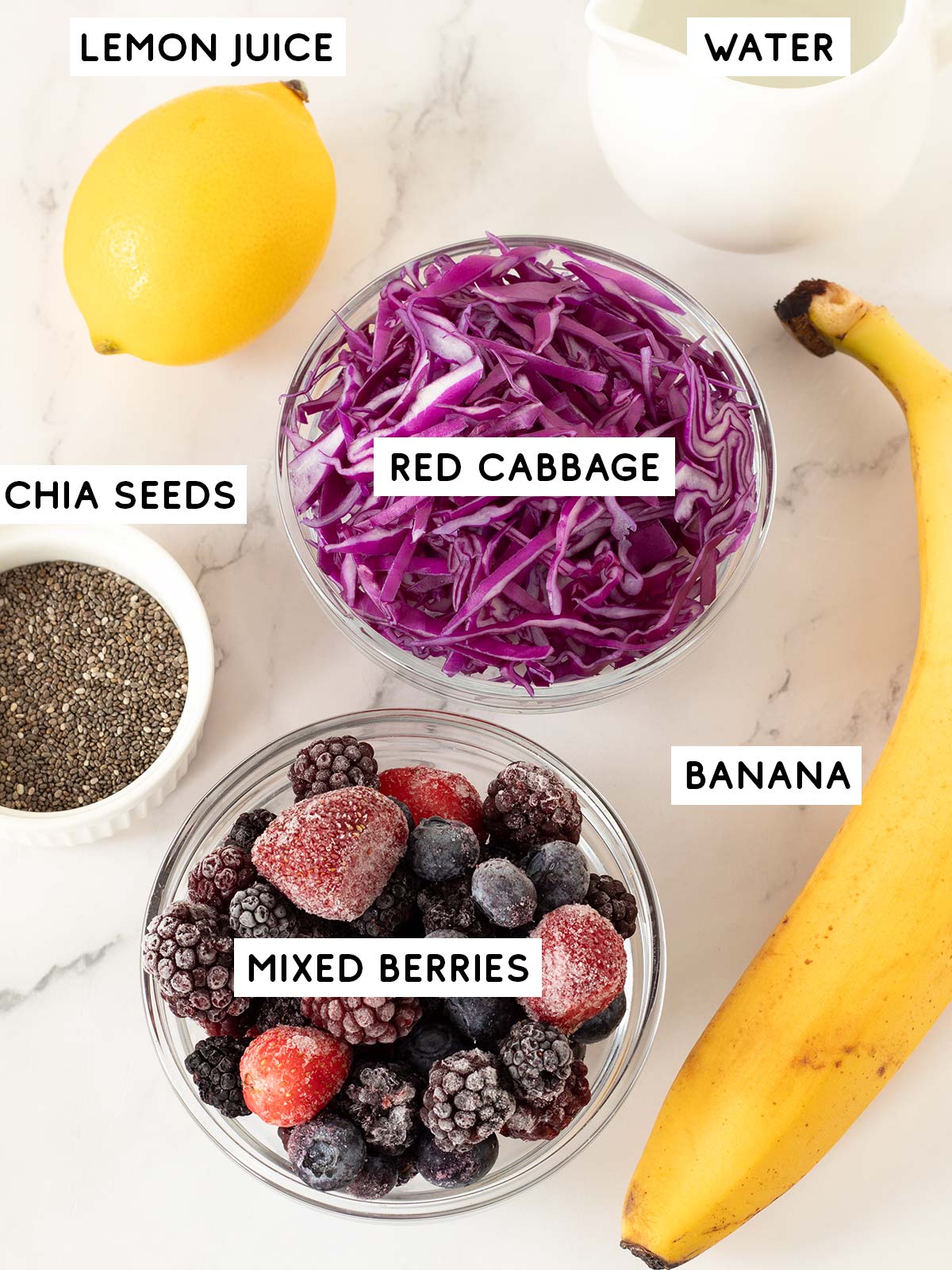 Red cabbage smoothie ingredients.