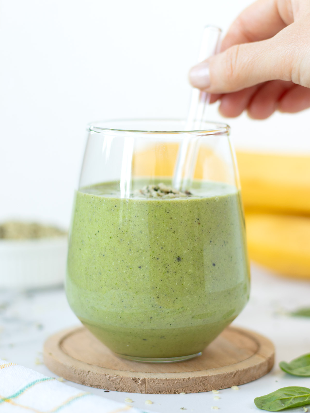 Green spinach hemp seed smoothie.