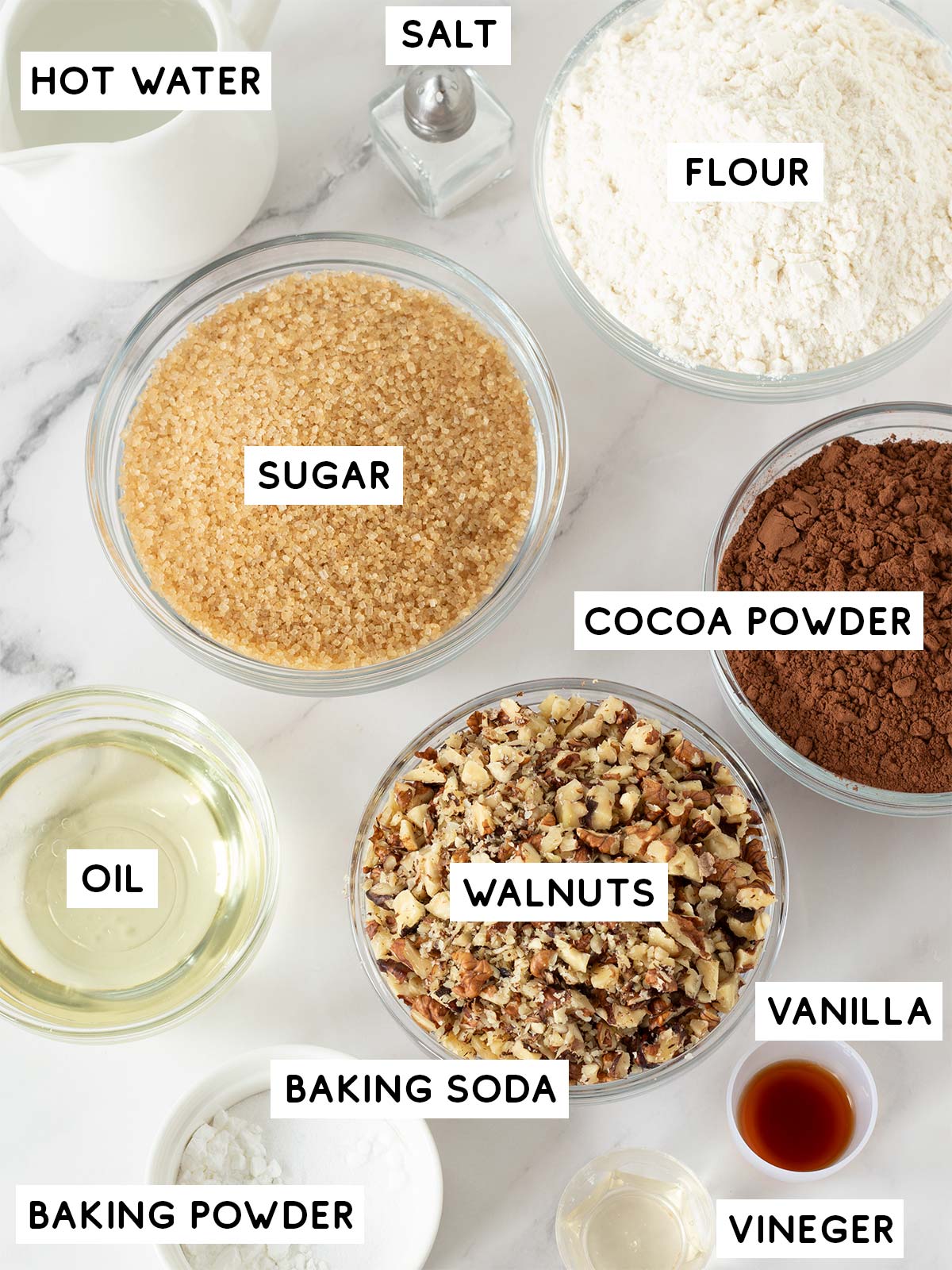 Ingredients for vegan chocolate walnut cake.