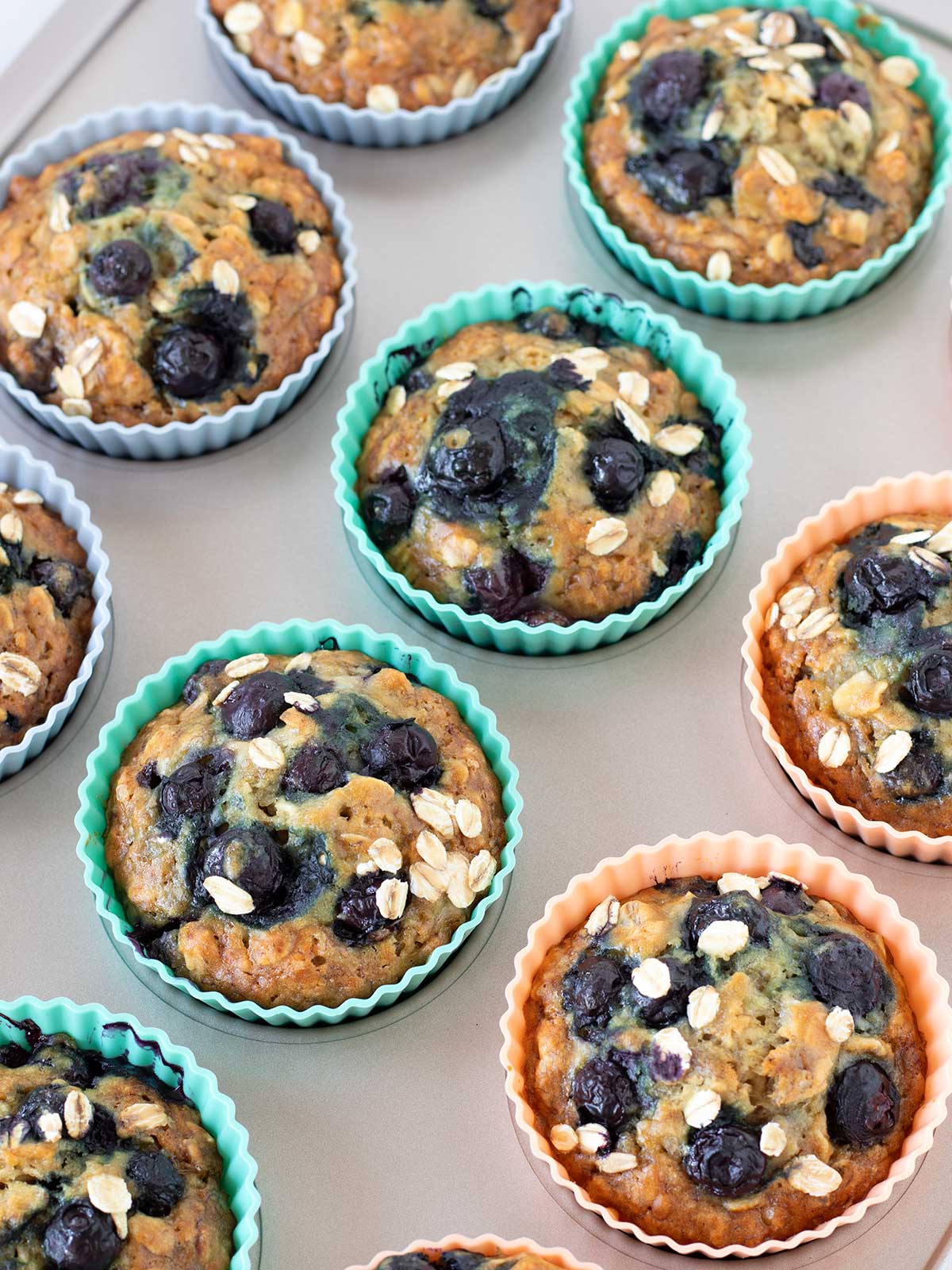Freshly baked blueberry banana oat muffins.