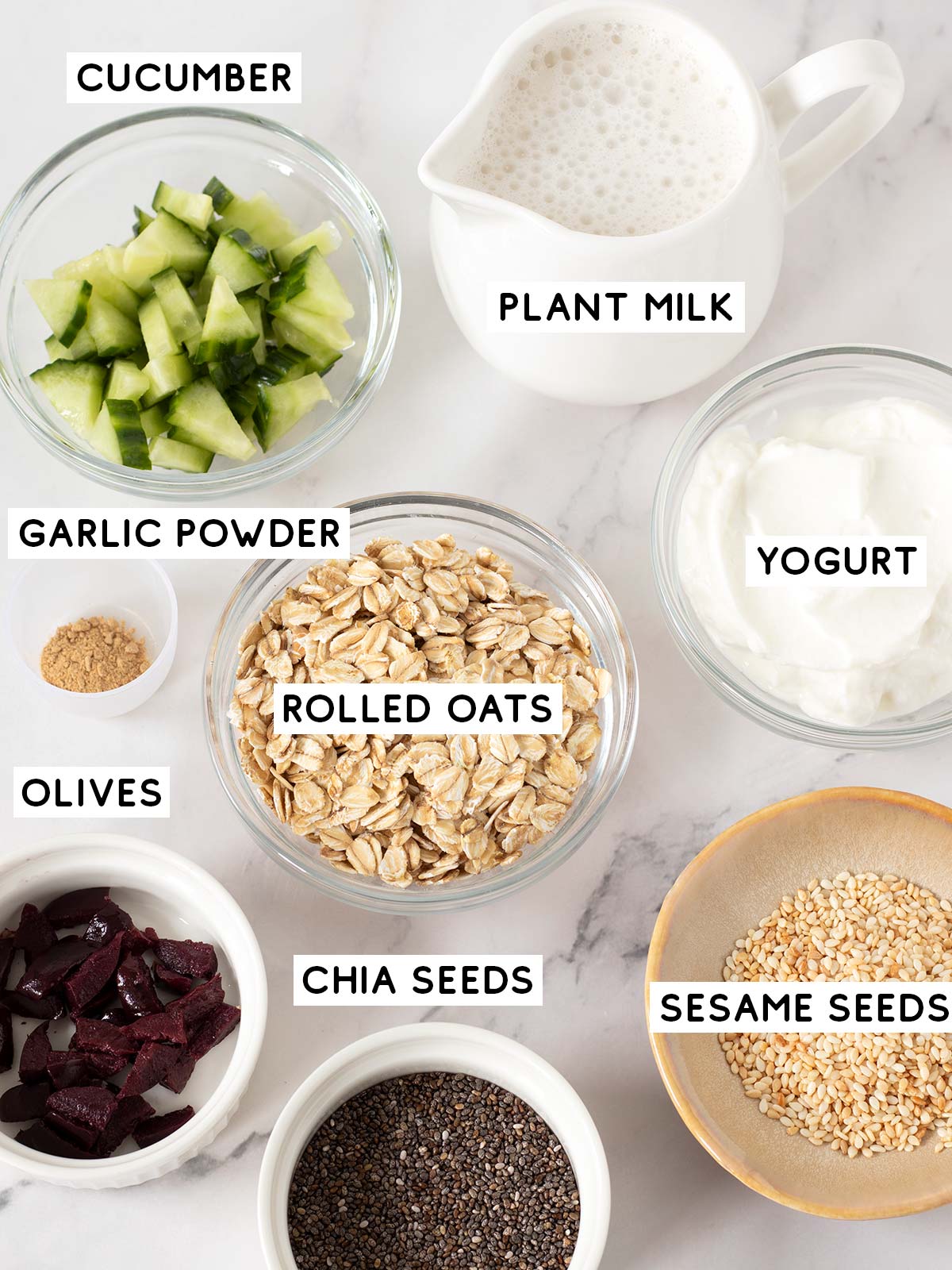 Ingredients for savory overnight oats with yogurt.