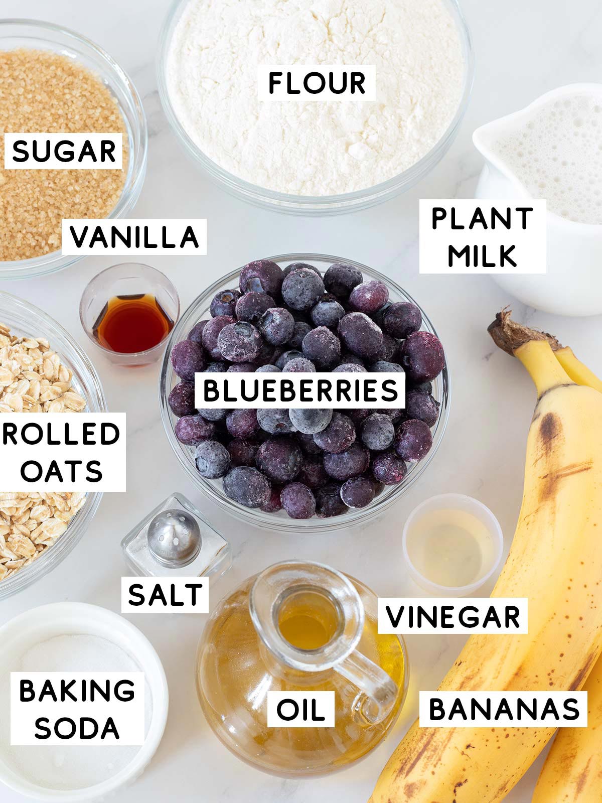 Ingredients for vegan blueberry banana muffins.