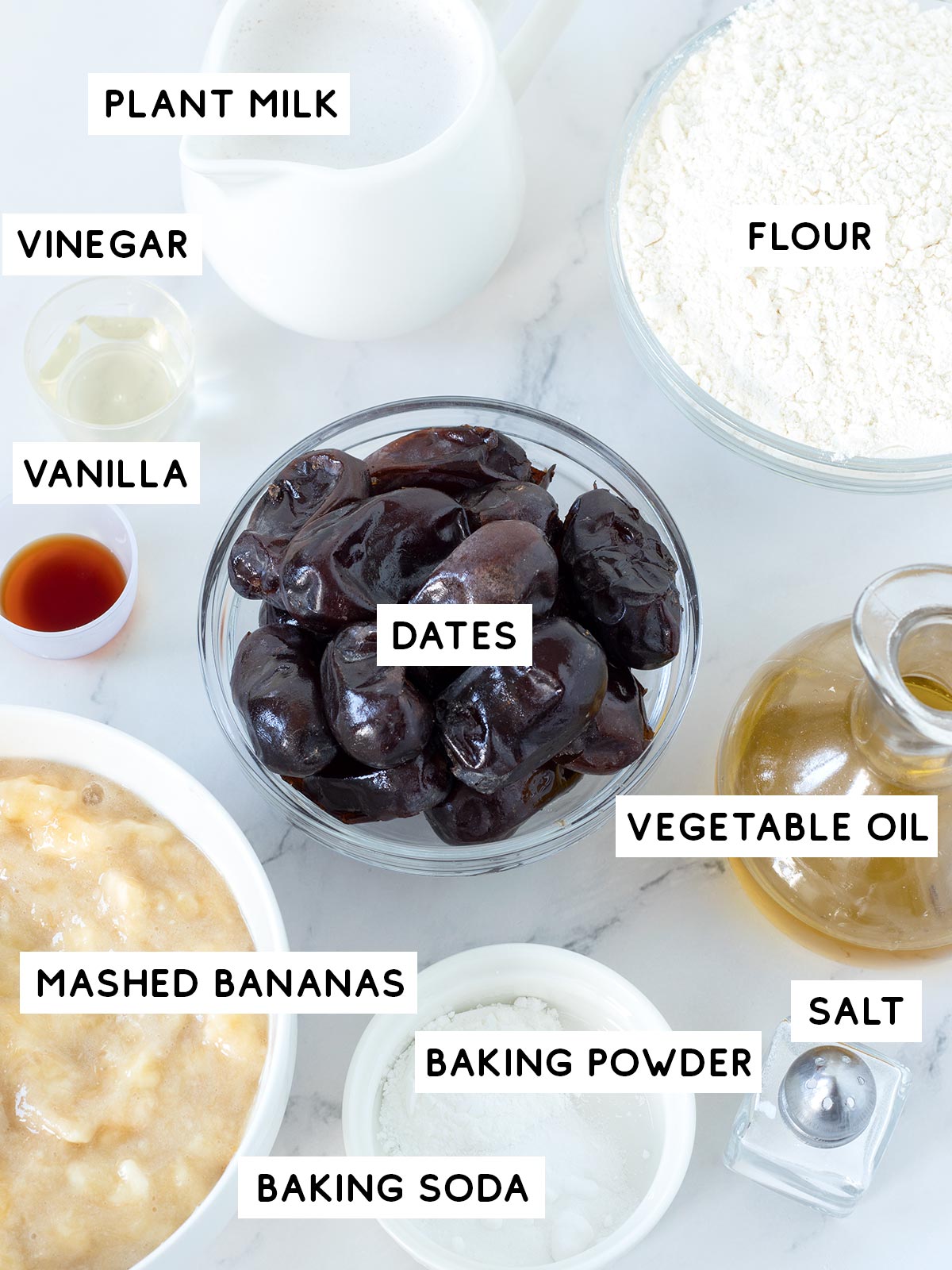 Ingredients for banana date muffins.