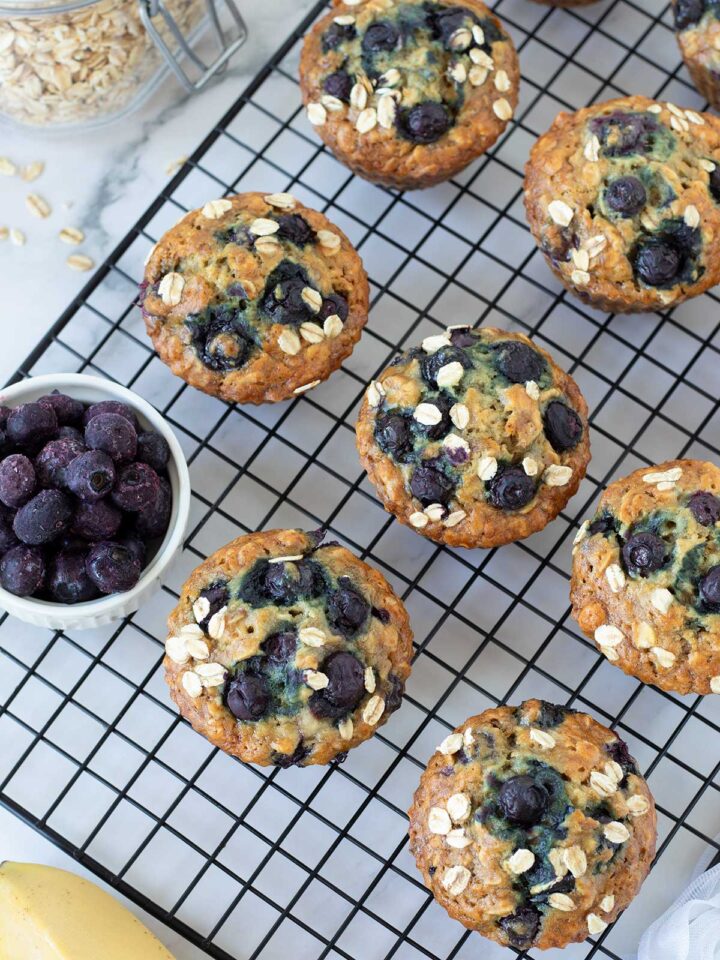 Easy vegan blueberry banana oat muffins.