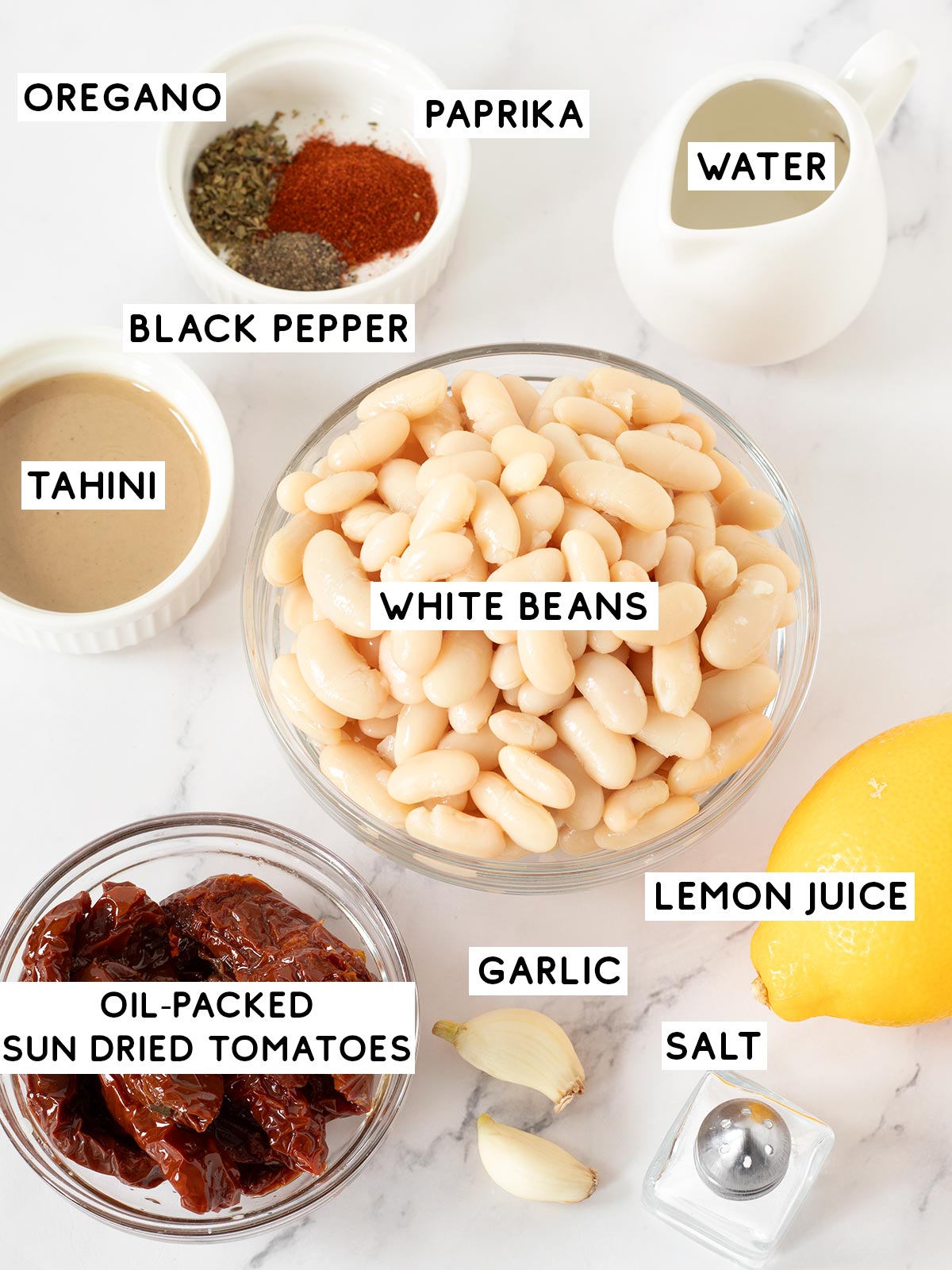 Ingredients for sun dried tomato spread.