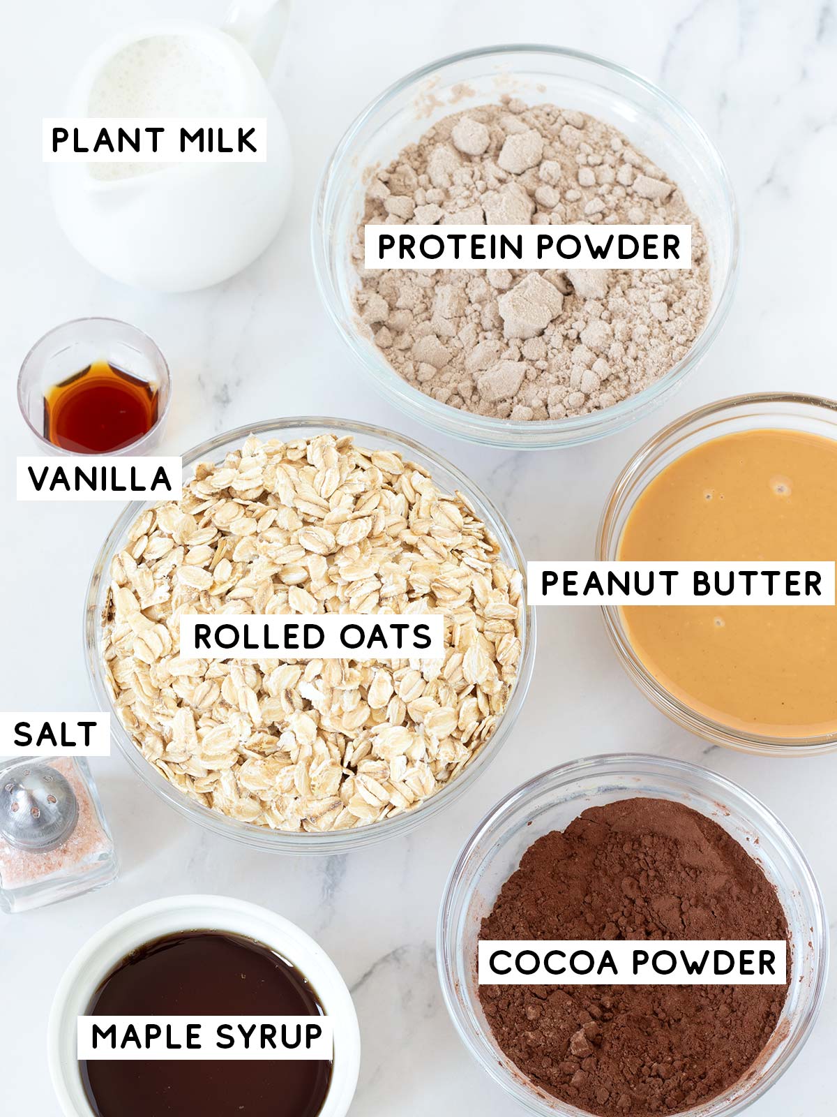 Ingredients for no-bake chocolate protein oatmeal cookies.