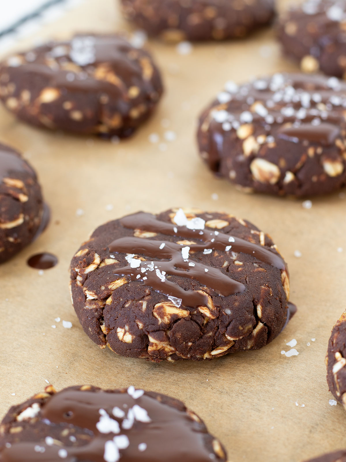 Vegan no-bake chocolate protein oatmeal cookies.