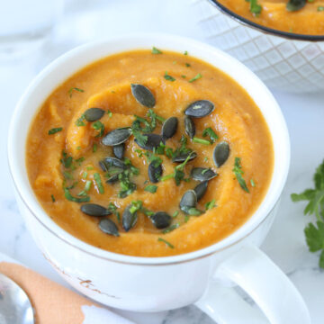 Vegan roasted cauliflower pumpkin soup.