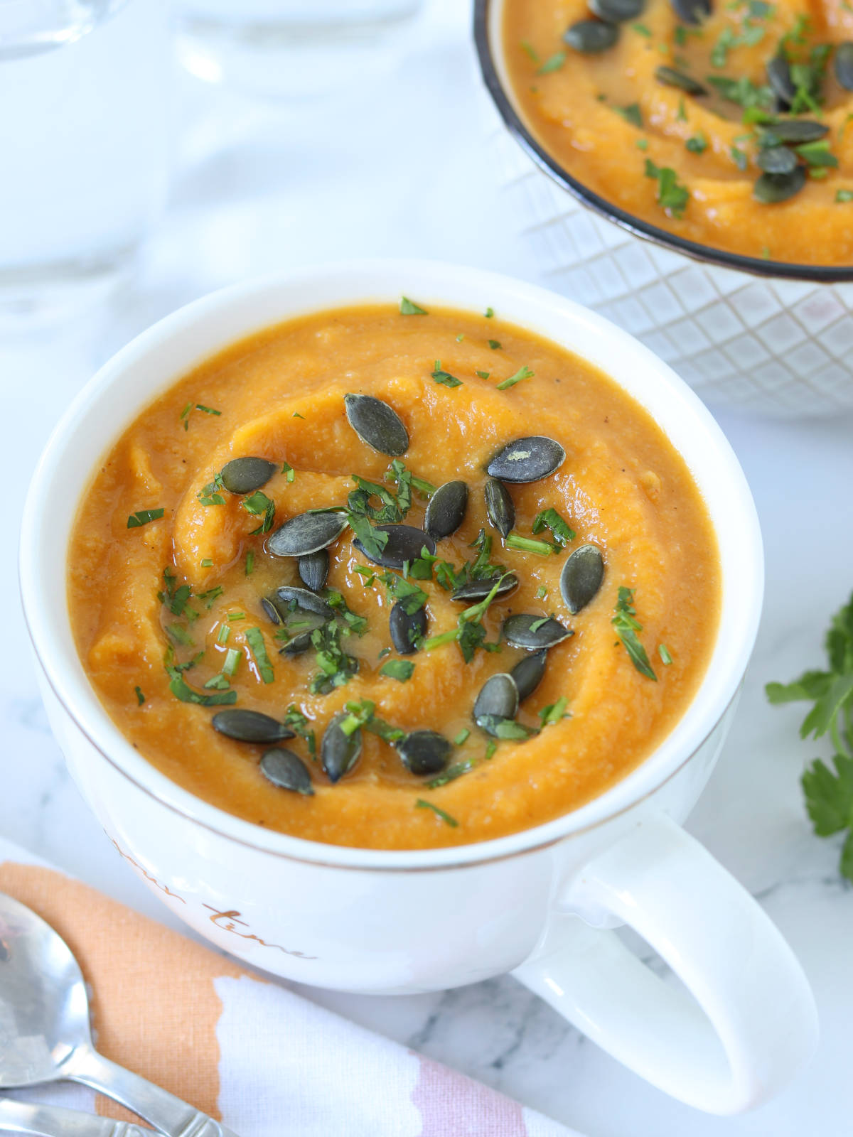 Vegan roasted cauliflower pumpkin soup.