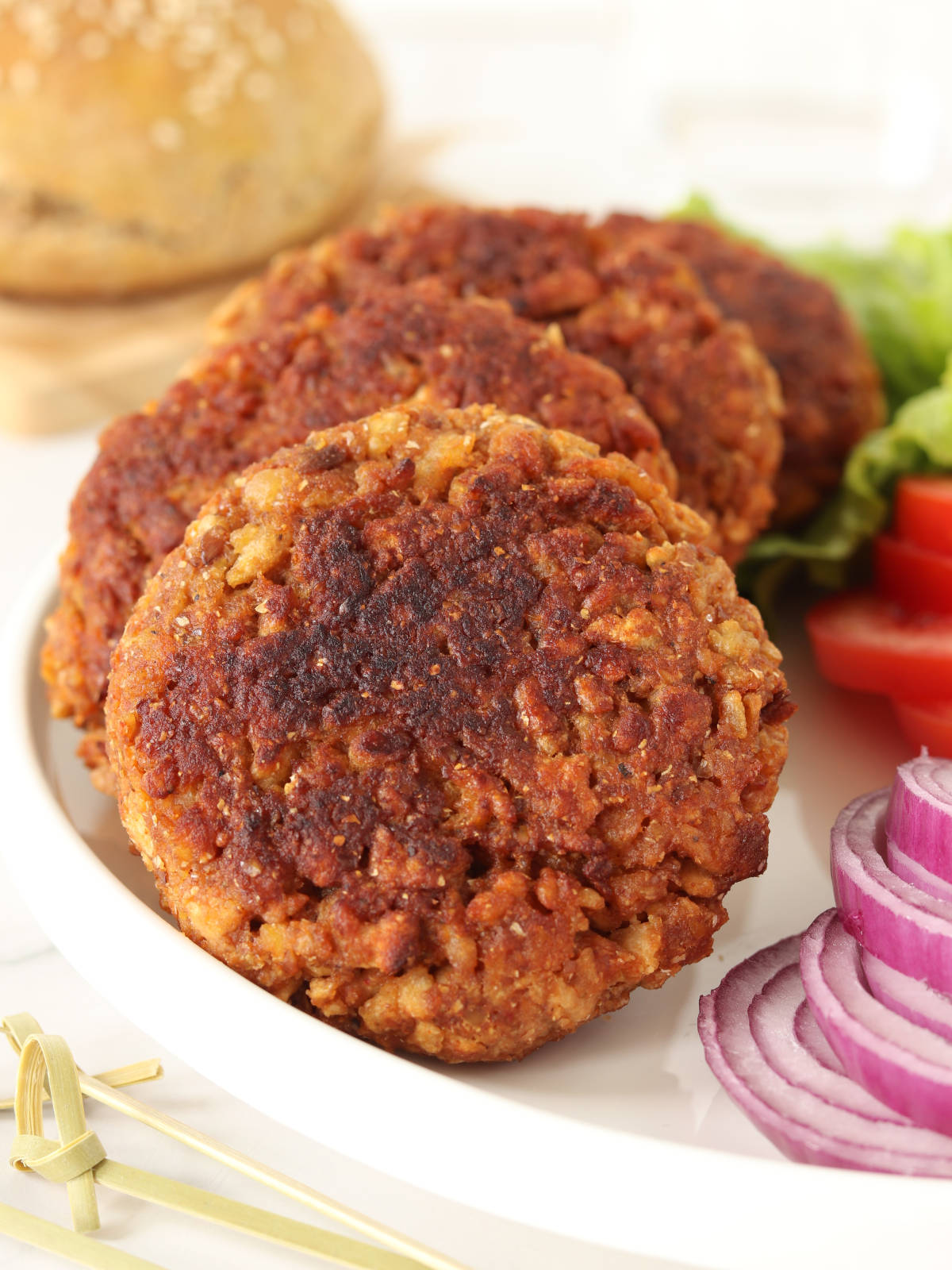 Gluten-free vegan high-protein TVP burgers.