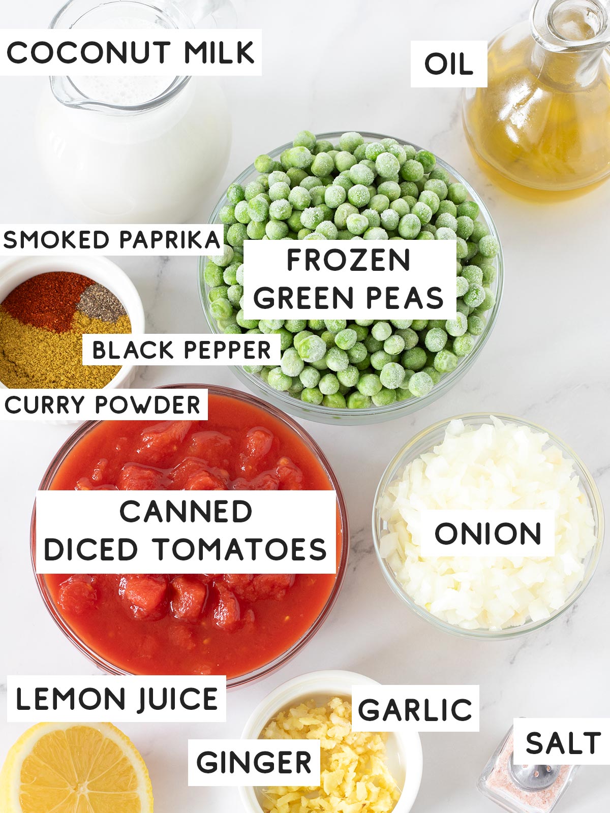 Ingredients for frozen green peas curry.