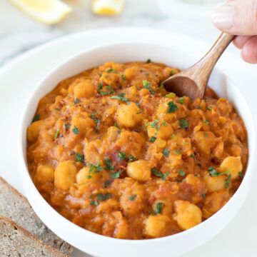 Vegan red lentil chickpea curry with coconut milk.