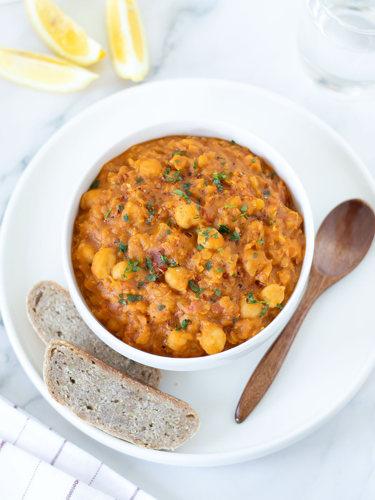 Vegan red lentil chickpea curry.