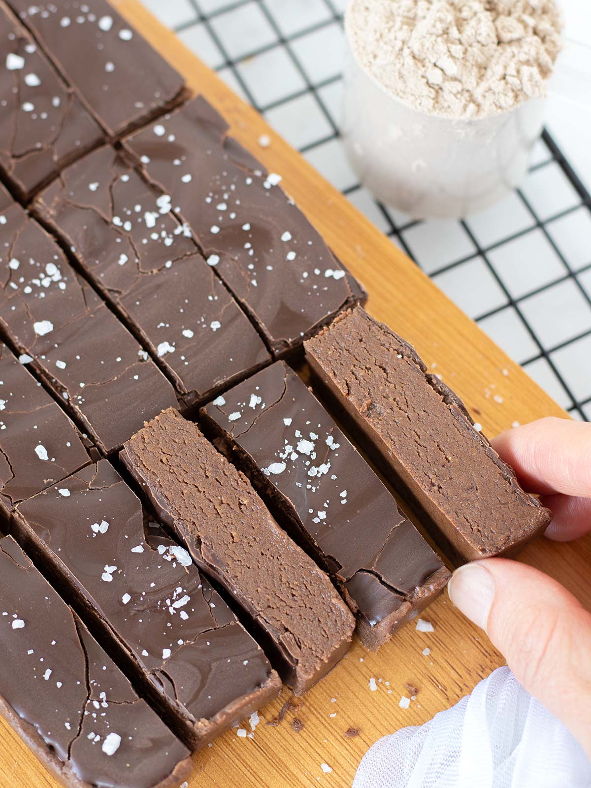 No-bake chocolate brownie protein bars.