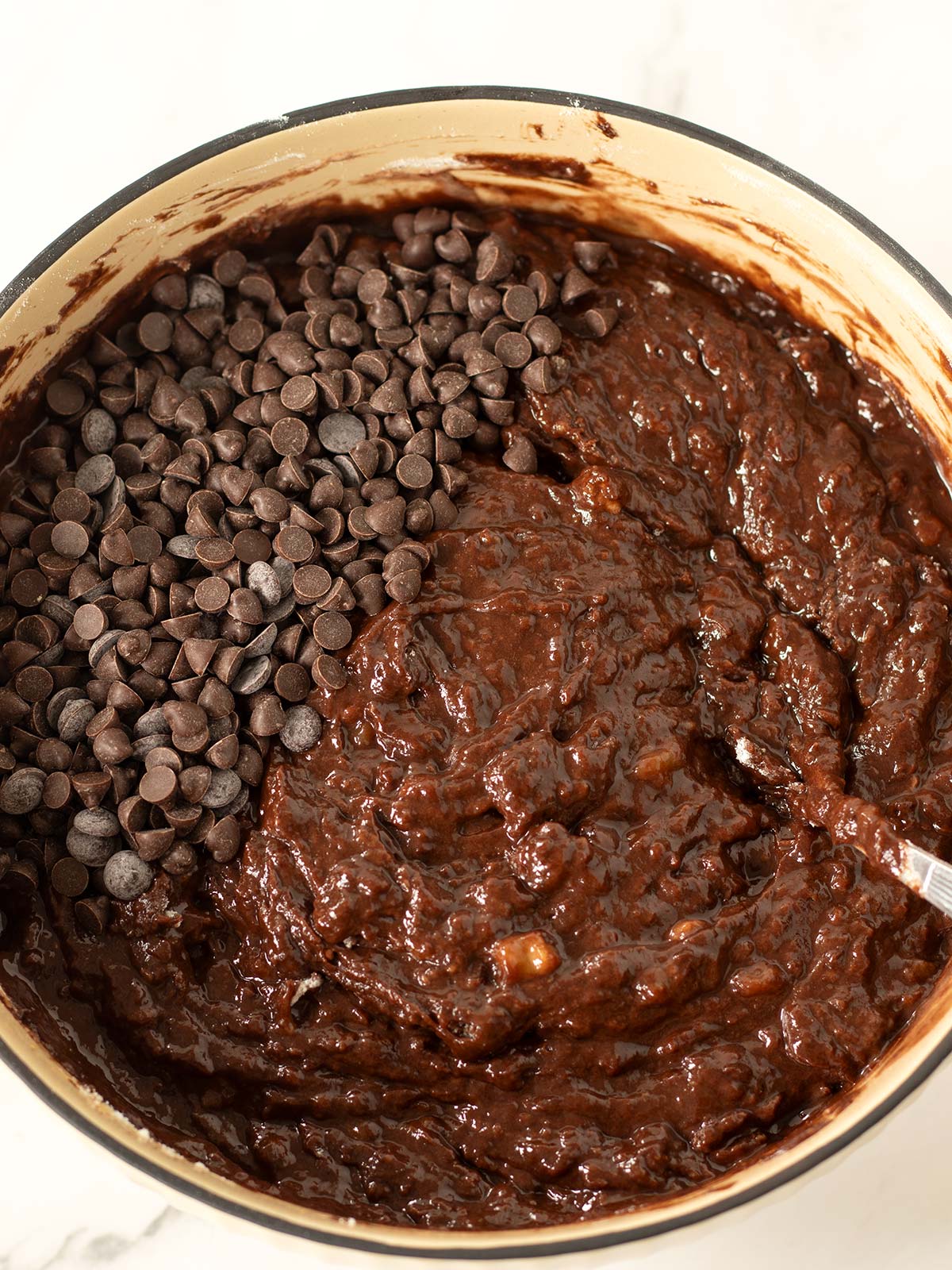 Batter for banana chocolate chip cake.